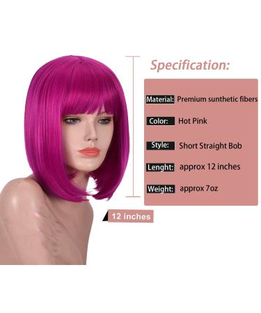 Annivia Hot Pink Short Bob Wig with Bangs - 12 inch Synthetic Straight Wig for Women - Halloween Cosplay Party Natural Hair-Like Wig (Hot Pink) - Buy Online on GoSupps.com