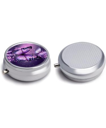 Beautiful Purple Butterfly Round Pill Box | 3 Compartment Portable Pill Organizer Decorative Metal Pocket Case for Medicine - Buy Online on GoSupps.com