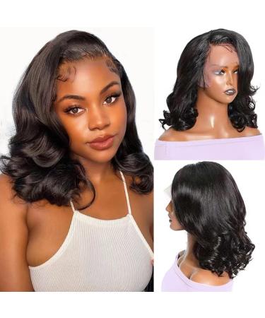 Body Wave Lace Front Wigs Human Hair Glueless Short Wavy Bob Wigs Human Hair Pre Plucked With Baby Hair 13x4 HD Transparent Loose Wave Wigs For Women Human Hair Natural Color 150% Density (12 Inch) 12 Inch Natural Black