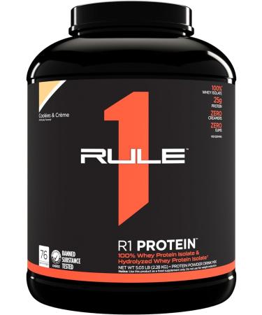 Rule 1 Protein | Super-Pure 100% Whey Isolate & Fast-Acting Whey Hydrolysate | 25 Grams Protein 4 Grams Glutamine & 6 Grams BCAAs Per Serving (5LB Cookies & Creme) Cookies & Creme 5LB