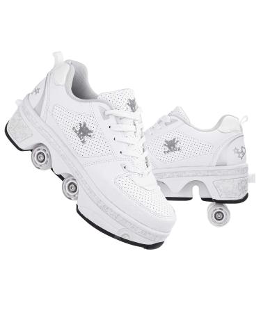 Roller Skates for Women Outdoor,Parkour Shoes with Wheels for Girls/Boys,Kick Rollers Shoes Retractable Adults/Kids,Quad Roller Skates Men,Unisex Skating Shoes Recreation Sneakers Silver 8.5US