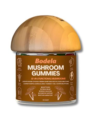 Bodela Functional Mushroom Gummies 10-in-1 Supplement w/Lion s Mane, Reishi, Chaga, Cordyceps, Organic Vegan Antioxidant Blend, Supports Gut & Immune Health, Focus Memory, Stress Relief - 30 Servings