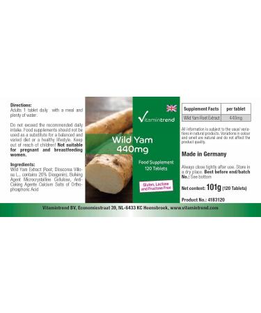 Wild Yam Extract 440mg - 120 Tablets - 20% Diosgenin - Vitamintrend - Yam Extract - High Dosed - Vegan | Vitamintrend  - Buy Online on GoSupps.com