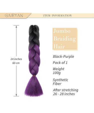 Gairyan Jumbo Braids Extensions - 60cm Ombre Synthetic Hair for Box Crochet Braids (Black & Purple) - 100g Afro Braiding Hair (1 Piece) - Buy Online on GoSupps.com