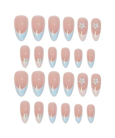 Runrayay Blue Flower Press on Nails - Medium French Tips | Nude Full Cover Fake Nails for Women & Girls - Perfect Spring Nail Art - Buy Online on GoSupps.com
