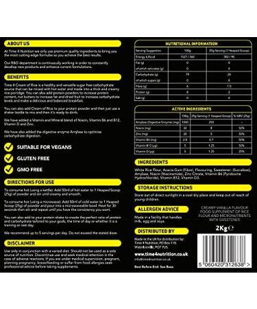 Time 4 Cream of Rice 2kg - Gluten-Free Carbohydrate Source with Vitamins, Minerals & Digestive Enzymes - Vegan Friendly Porridge Alternative (Creamy Vanilla) - 80 Servings - Buy Online on GoSupps.com