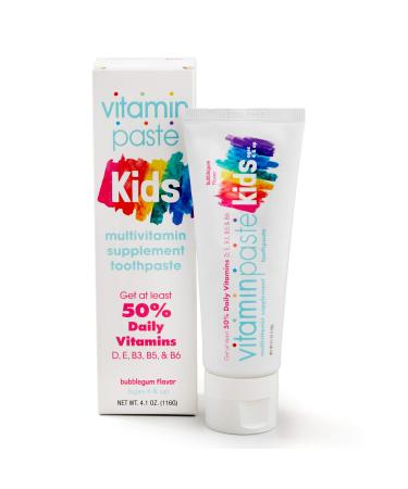 Vitaminpaste Kids Toothpaste with Daily Multivitamins B3, B5, B6, D, E, Xylitol, Calcium, Fluoride Free, Fresh Breath, Fights Tarter, Anti-Cavity, Safe to Swallow, 4.1oz, Bubble Gum Flavor 4.1 Ounce (Pack of 1) Kids Toothpaste