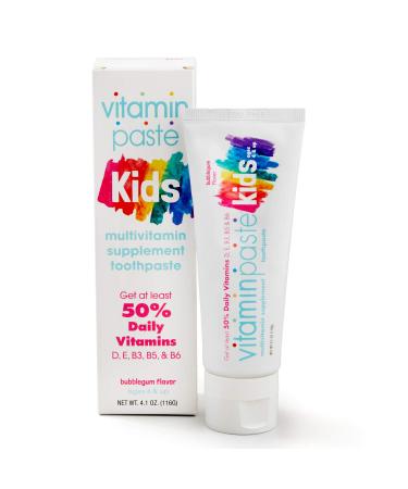Vitaminpaste Kids Toothpaste with Daily Multivitamins B3, B5, B6, D, E, Xylitol, Calcium, Fluoride Free, Fresh Breath, Fights Tarter, Anti-Cavity, Safe to Swallow, 4.1oz, Bubble Gum Flavor 4.1 Ounce (Pack of 1) Kids Toothpaste - Buy Online on GoSupps.com