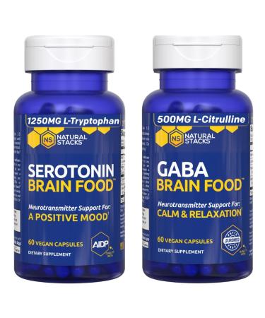 NATURAL STACKS Serotonin & GABA Brain Food Bundle - Supports a Positive Mood & Calmness* - 120 Total Capsules