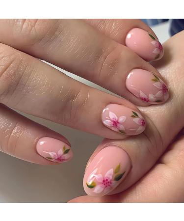Pink Flower Press on Nails Short Fake Nails  24 Pcs Oval Nails Cute Design Glue on Nails Full Cover Glossy False Nails Spring Summer Nail Art Decorations Short Almond Acrylic Nails for Women Girls 5