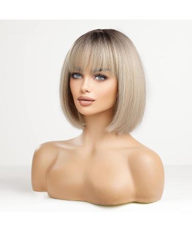 HAIRCUBE Short Blonde Bob Wig for Women | Synthetic Hair with Dark Roots and Bangs - Buy Online on GoSupps.com