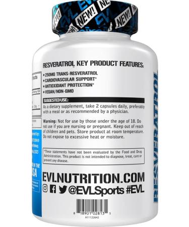 Evlution Anti Aging Trans Resveratrol Supplement Nutrition Super Antioxidant Supplement with 250mg Trans-Resveratrol from Resveratrol 500mg Japanese Knotweed Extract for Immune and Heart Health - Buy Online on GoSupps.com