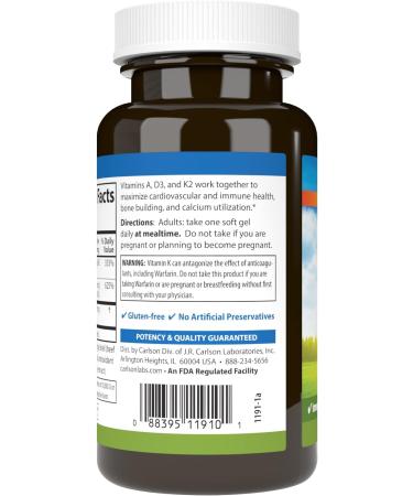 Carlson - Vitamins A D3 K2 3000 mcg RAE Vitamin A 125 mcg Vitamin D3 90 mcg Vitamin K2 as MK-7 Bone Building Calcium Utilization 120 Soft Gels 120 Count (Pack of 1) - Buy Online on GoSupps.com