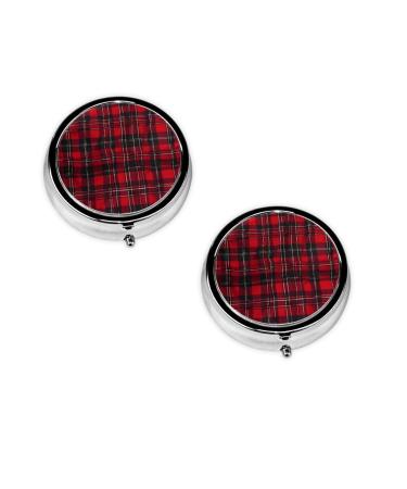 (Plaid Red and Black) Round Pill Box 3 Compartment Pill Box Mini Decorative Pocket Purse Portable Travel Medicine Tablet Vitamin Holder Organizer Pill Case