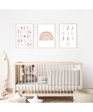 Meinbaby123 A4 Alphabet ABC Learning Posters - 3 Set for Kids' Room | Decorative Wall Art for Girls | Premium Rainbow & Number Posters in Pink - Buy Online on GoSupps.com