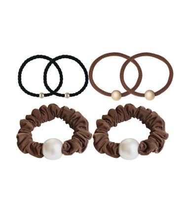 Jseng 6 Pcs Pearl Hair Scrunchies Hair Ties for Long Thick Ponytail Girls Ladies Elegant including 3 styles Hair Accessories(Brown and Black) multi2