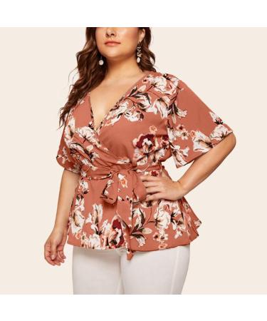 Women's Plus Size Pink V-Neck Wrap Blouse with Waist Belt - Casual Short Sleeve Tee for Large Sizes - Buy Online on GoSupps.com