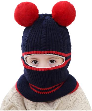 Baby Balaclava Kids Winter Hat with Double Pom Pom Design - Cute Small Bear Beanie Cap for Boys and Girls | Warm Knitted Hood Scarf | B-E One Size - Buy Online on GoSupps.com