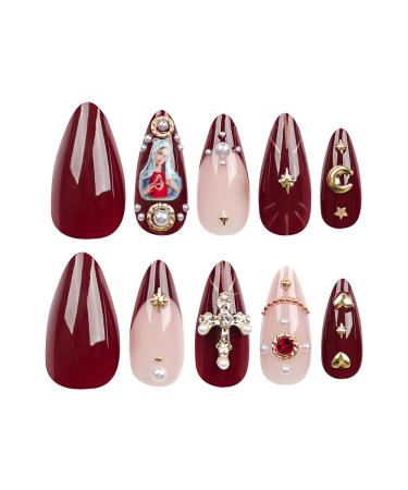 Buy 24 Pcs Claret Press-On Nails - Short Almond SHANRUN 5D Rhinestone Charms Glossy Gel Full Cover Acrylic Nail Tips Kit with File & Glue - Design A13 - Buy Online on GoSupps.com