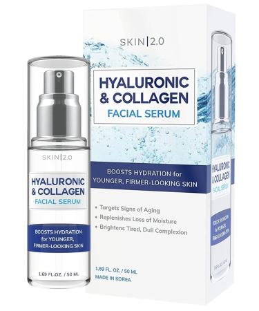 Skin 2.0 Hyaluronic Acid and Collagen Face Serum - Locks in Moisture  Skin Firming & Tightening  Anti-aging  Hydrating Facial Serum - Cruelty Free Korean Skincare For All Skin Types - 1.69 Fl. oz