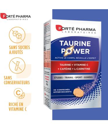 Fort Pharma - Taurine Power - Food Supplement - Energy Booster Anti Fatigue Boost Shot - Caffeine Vitamin C L-Carnitine Magnesium - Citrus Taste 30 Effervescent Tablets 1/day - Buy Online on GoSupps.com