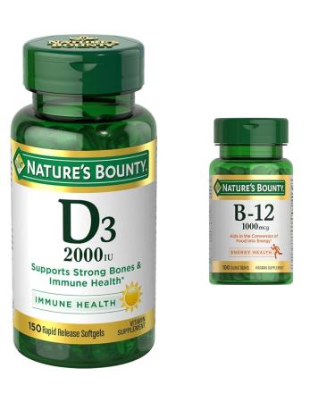 Nature's Bounty Vitamin D Supports Immune Health & Bone Health & Vitamin B12 1000mcg Supports Energy Metabolism and Nervous System Health Vitamin Supplement 100 Tablets 100 Count (Pack of 2)