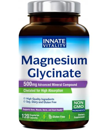 Innate Vitality Magnesium Glycinate 500mg 70mg Elemental Magnesium per Cap High Absorption Non-GMO No Gluten Nerve Muscle Bone Heart Health 120 Veggie Capsules