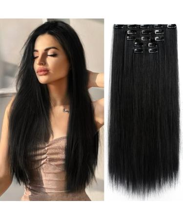 Clip in Hair Extensions StrRid Black Hair Extension Straight 22Long Synthetic Thick Blonde Clips on Hair Piece for Women 5PCS Curly Wavy 18 Girls Brown Red White Natural Full Head 5 Oz 1 Dark Black--Straight 5PCS
