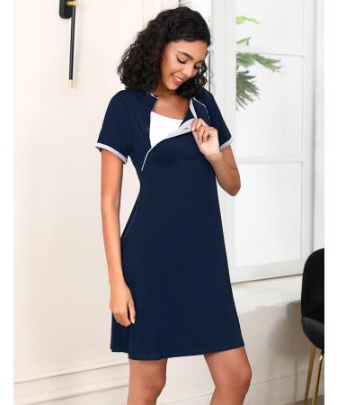 Sykooria Women's Maternity Nightdress | Nursing Nightgown | Short Sleeve Sleep Shirt for Pregnant Women - Navy Blue S - Buy Online on GoSupps.com