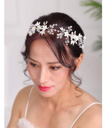 Deniferymakeup Silver Hair Piece Flower Hair Vine Bridal Floral Hair Piece Flower and Leaf Headband Rhinestones Wedding Hair Accessories for Brides - Buy Online on GoSupps.com