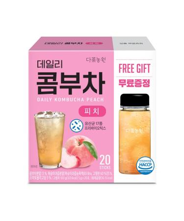 KAYFOOD Daily Kombucha Powder Tea 5g x 20 sticks (100g/3.52oz) with Bottle Sugar Free Diet Tea (Peach Bottle Set)