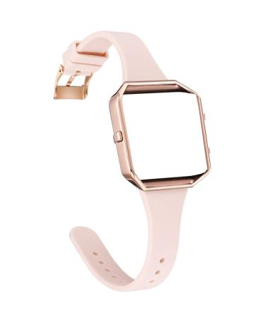 Amcute Compatibe for Blaze Band Slim Narrow Thin Silicone Replacement Wristband with Metal Frame for Blaze Bands Women Men Small Large Pink Sand/Rose Gold Small