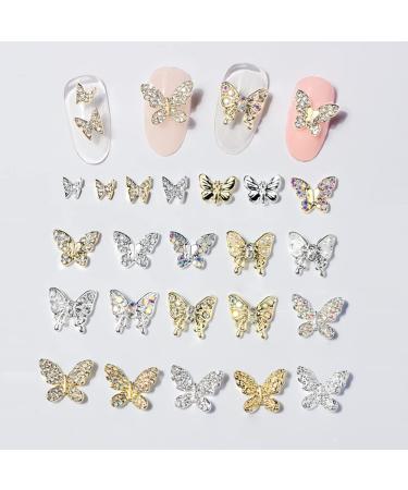 22 Pcs 3D Butterfly Nail Charms Crystals Diamonds Rhinestones, Metal Alloy Gold Silver Butterflies Charms Gems Design for Women Nail Art Decoration Craft Jewelry DIY. Butterfly-1 Gold Silver