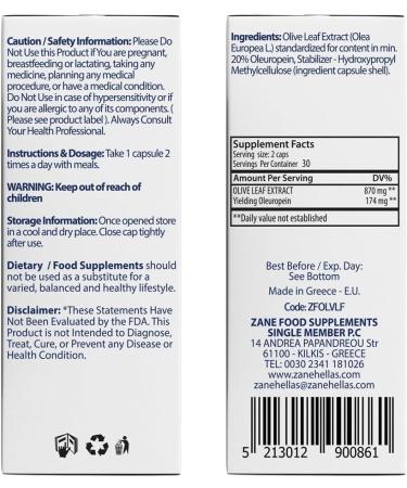 Zane Greek Olive Leaf Extract - 20% Oleuropein - Immune & Blood Pressure Support - Cardiovascular Health - 60 Capsules - Buy Online on GoSupps.com