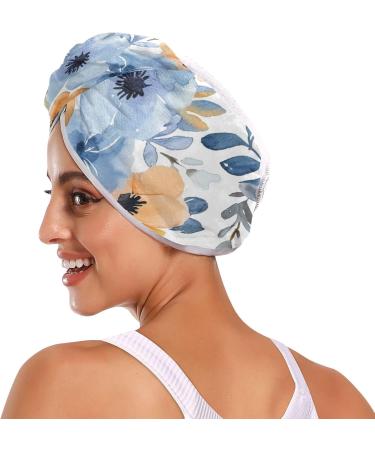 Watercolor Blue Beige Flower Hair Towel 2 Pack - Super Absorbent Quick Dry Hair Turbans for Women & Girls - Buy Online on GoSupps.com