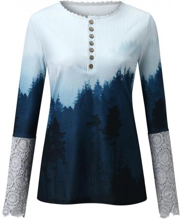 Women's Fitted Ribbed Knit Henley T-Shirt | Long Sleeve Tunic Lace Top | Casual Button Down Blouse - Small Blue - Buy Online on GoSupps.com