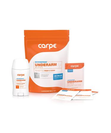 Carpe Antiperspirant Underarm and On-The-Go Wipes Package (1 Underarm Clinical Strength 15 Individual Antiperspirant On-The-Go Wipes) Stop Excessive Sweat - Great for Hyperhidrosis - Buy Online on GoSupps.com