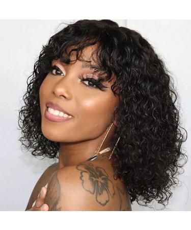 Matriarchs 12 Inch Curly Wig With Bangs Short Bob Wigs With Bangs For Black Women Natural Black Synthetic Hair Wigs 120g 1B 12 Inch 1B