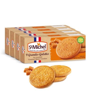 St Michel Caramel Grandes Galettes Butter Cookies Biscuits 5.29oz, Made In France, Pack of 4 Non-GMO total of 36 Butter Cookies