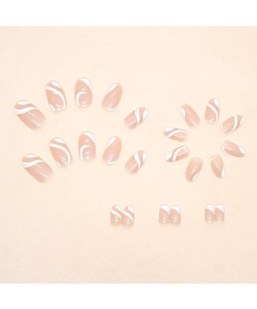 24Pcs Almond False Nails: Elegant French White Stiletto Press on Nails with Wavy Pattern - Removable Nude Design for Women & Girls - Buy Online on GoSupps.com