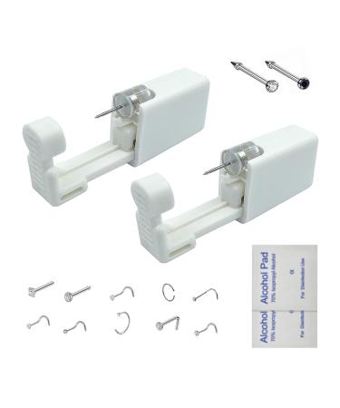 2 Pack Nose Piercing Kit, GCHSSS Disposable Safe Sterile Piercing Unit For Self Nose Piercing Gun, Nose Stud Piercing Kit Tool with Free Nose Rings Hoop and Marker (White+Black)