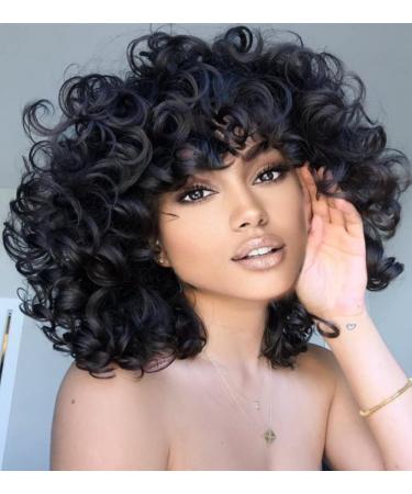 FOVER Short Curly Wigs for Black Women 14'' Black Big Curly Wig with Bangs Afro Kinky Soft Curls Hair Replacement Wig Heat Resistant Natural Looking Synthetic Wig (Big Curly) FE013BK 14 Inch Black