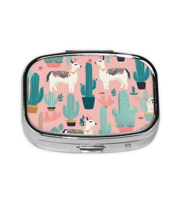 Llama Cactus Printing 2 Compartment Small Pill Case Cute Small Pill Box Purse Pill Boxs Travel Pill Organizer for Pocket Purse and Travel Gifts