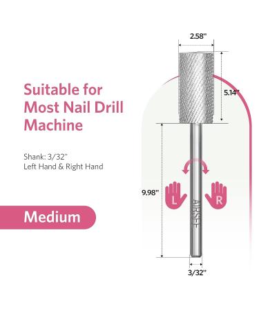 AIRSEE Tungsten Carbide Acrylic Nail Drill Bit | Efile Electric File Machine Head Tip | Manicure Polishing Art | Remove Gel Polygel | 3/32 Medium-M Flat Top Cylinder Barrel - Buy Online on GoSupps.com