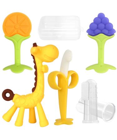 Chuya Teething Toys (4 Pack) Teething Toy for Baby Teethers with Banana Baby Toothbrush Teeth Brushing BPA-Free Chew Toy Infants Toddlers Silicone Baby Teething for Babies 0-6 Months Fruits+Giraffe (4Pack)