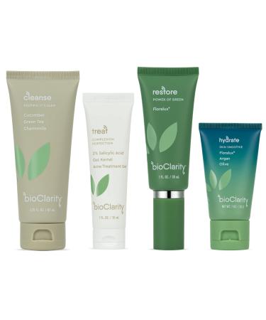 BioClarity 4-Step Clear Skin Routine: Cleanse Treat Restore Hydrate | For Oily or Acne-Prone Skin | Reduce Irritation and Redness | 100% Clean Vegan Ingredients (Mini Size)