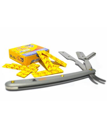 Stainless Steel Professional Gray Straight Edge Barber Razor + 100 Shark Blades - Premium Quality Shaving Tool for Barbers & Home Use - Buy Online on GoSupps.com