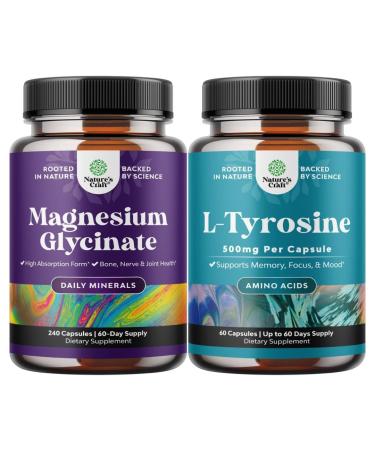 Bundle of High Absorption Magnesium Glycinate Capsules for Calming Sleep Plus Muscle Bone & Nerve Support and Free Form L Tyrosine 500mg Capsules for Mental Energy and Focus Support