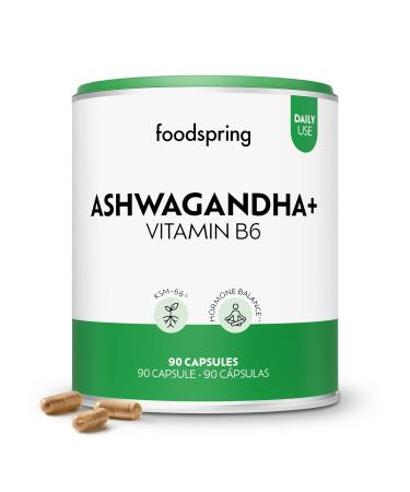 foodspring - Ashwagandha KSM-66 600mg + Vitamin B6 Vegan Capsules - Ashwaganda Dietary Supplement & Vitamin B6 Extract for Hormone Balance & Fatigue Reduction - 90 Capsules