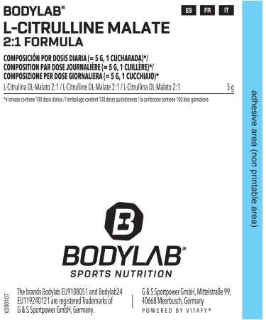 BODYLAB24 L-Citrulline Malate 500G - 5G Daily Dose 2:1 Citrulline Malate for Intensive Workouts - Tasteless Powder for Optimal Performance - Buy Online on GoSupps.com